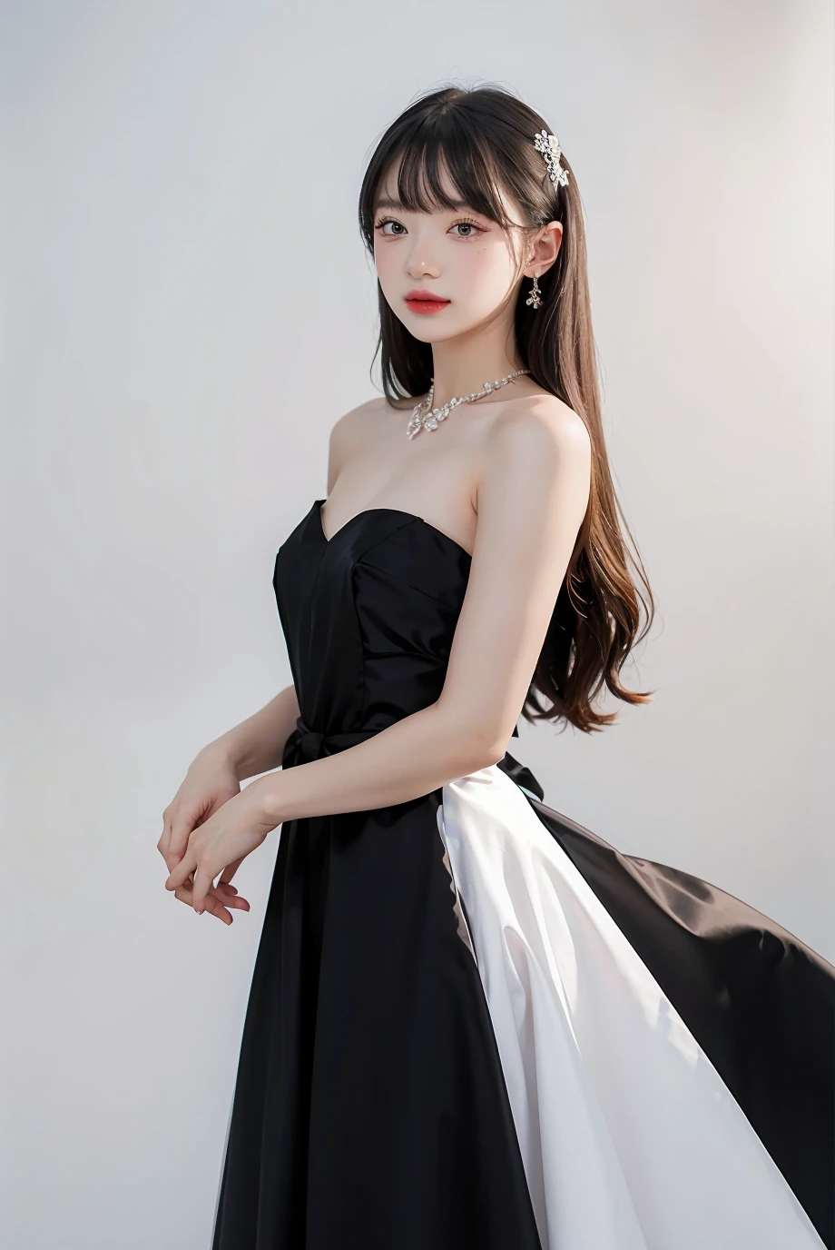 1girl, black  formal long dress,white background, <lora:jannineweigel-04:1>