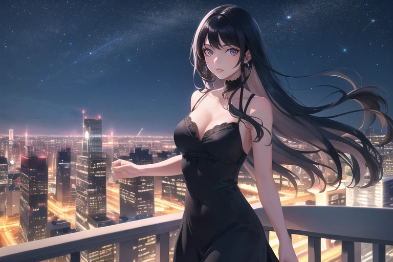1girl, black_hair, breasts, building, city, city_lights, dress, lips, long_hair, looking_at_viewer, night, night_sky, sky, skyscraper