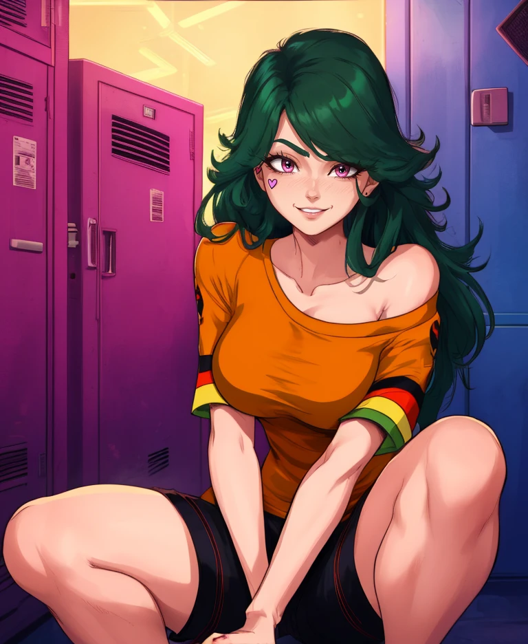 Duleena,pink eyes,green hair,bang,long hair,messy hair, heart,
orange shirt,black pattern shorts,smile,off shoulder,sagging breasts,short sleeves,
sitting,bench,
science fiction,neon lights,locker room,
(insanely detailed, beautiful detailed face, masterpiece, beautiful detailed eyes, best quality),solo,<lora:DuleenaDuneeda:0.8>,
