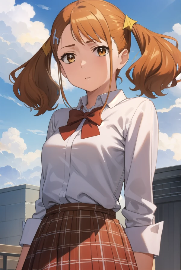 narukoanjou, <lora:naruko anjou s1-lora-nochekaiser:1>,
naruko anjou, orange hair, twintails, (brown eyes:1.7), hair ornament, star ornament, hair clip,
BREAK skirt, bow, school uniform, sleeves rolled up, red bowtie, shirt, white shirt, collared shirt, (red skirt:1.5),
BREAK outdoors, house, fields, grass, sky, sun, clouds,
BREAK looking at viewer, (cowboy shot:1.5),
BREAK <lyco:GoodHands-beta2:1>, (masterpiece:1.2), best quality, high resolution, unity 8k wallpaper, (illustration:0.8), (beautiful detailed eyes:1.6), extremely detailed face, perfect lighting, extremely detailed CG, (perfect hands, perfect anatomy),