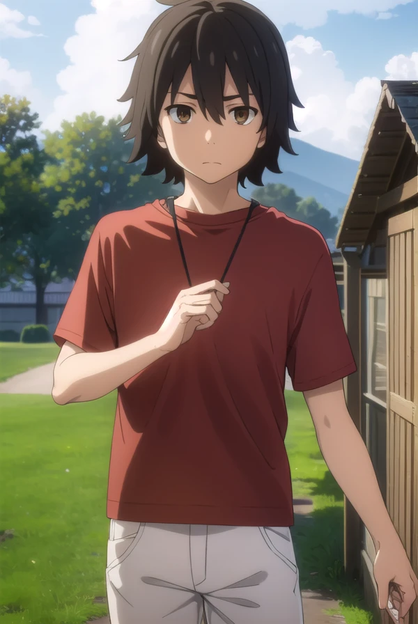 jintayadomi, <lora:jinta yadomi s1-lora-nochekaiser:1>,
jinta yadomi, black hair, male focus, (brown eyes:1.3),
BREAK shirt, pants, t-shirt, red shirt,
BREAK outdoors, house, fields, grass, sky, sun, clouds,
BREAK looking at viewer, (cowboy shot:1.5),
BREAK <lyco:GoodHands-beta2:1>, (masterpiece:1.2), best quality, high resolution, unity 8k wallpaper, (illustration:0.8), (beautiful detailed eyes:1.6), extremely detailed face, perfect lighting, extremely detailed CG, (perfect hands, perfect anatomy),