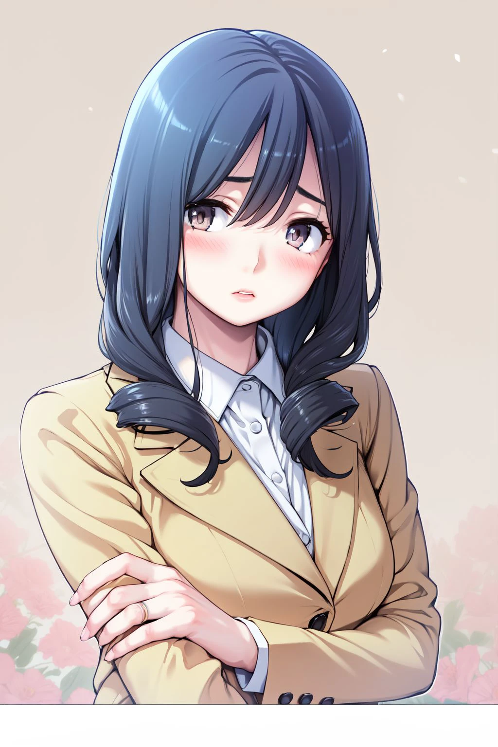 portrait, solo, 1girl, worried, blue hair, ringlets, silver eyes, light brown blazer, Canterbury_Bells \(flower\), floral background <lora:HGT_Labo(Tsusauto)_style_v01:1>