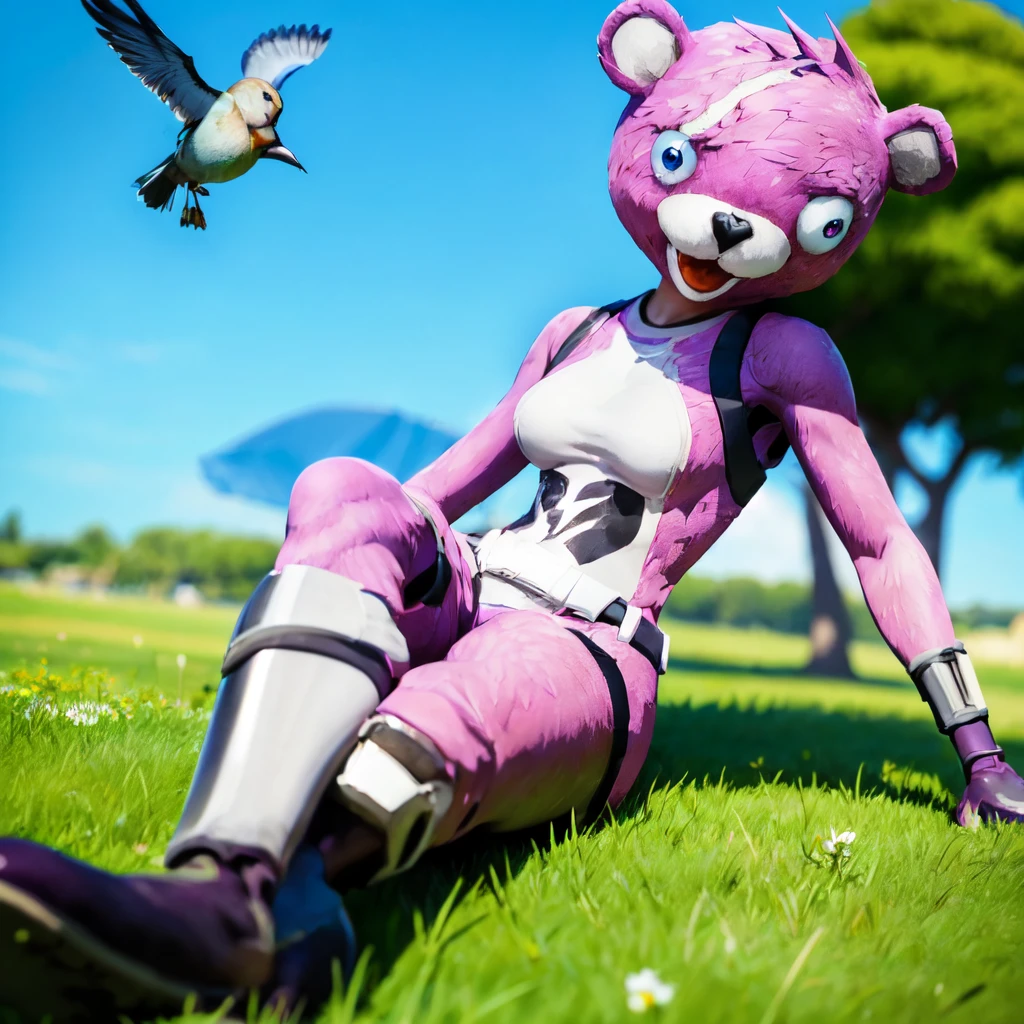 laying flat on the grass, grassland, blue sky with birds, beautiful eyes, beautiful girl, high detail skin, high detail eyes, high detail hair, highres, ultra detailed, sharpen picture, Highly detailed, masterpiece, best quality, photorealistic, <lora:CuddleBearLoRA:1> cuddlebear, outfit, gloves, knee armor, shoes,