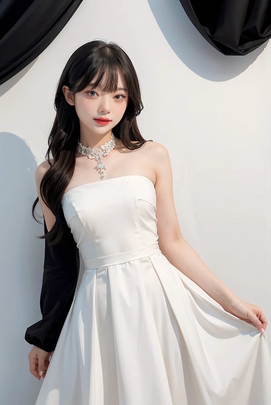 1girl, black formal long dress,white background, <lora:jannineweigel-04:1>