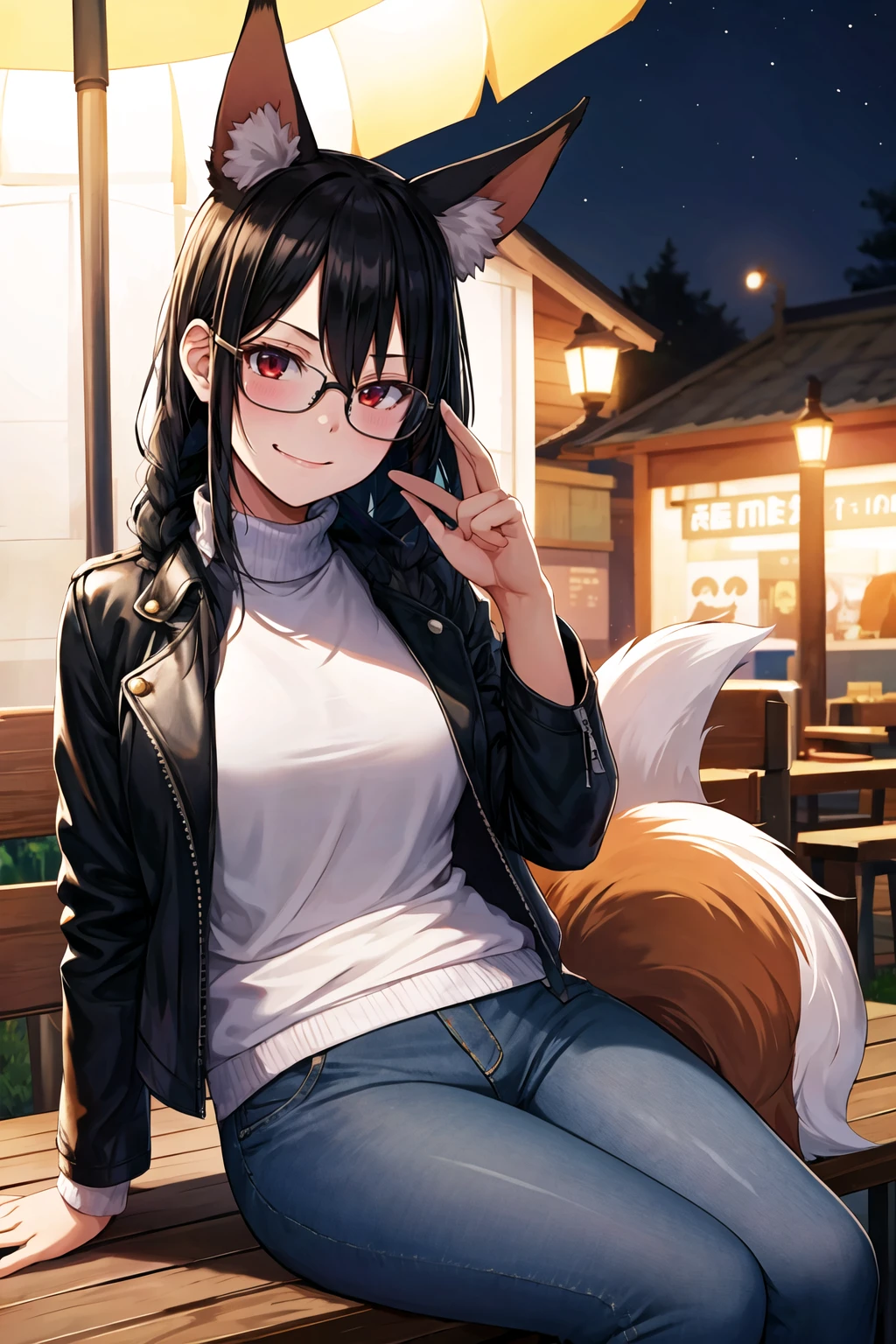 1girl, solo, sidelocks, twinbraids, (black hair), red eyes, smug, smirk, glasses, sitting, bench, partk, at night, long hair, white sweater, leather jacket, (black jacket:1.2), fox girl, fox ears, fox tail, jeans, black tail, <lora:Rouka -Style_835720:1>