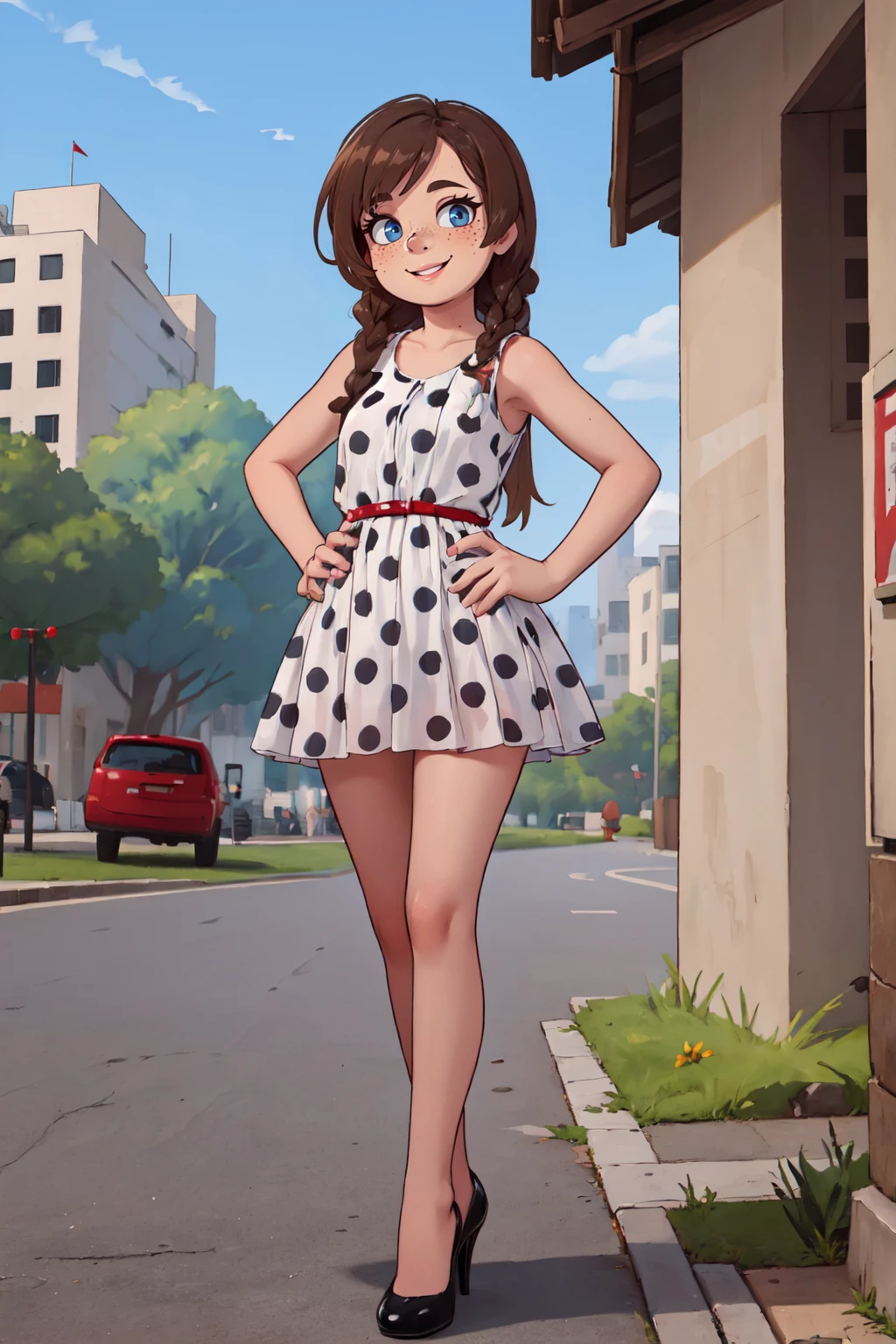 (Masterpiece:1.4), (high quality:1.2), (best quality:1.2), 1girl, solo, park background, polka dot dress, wh1tep0lkadr3ss, <lora:White_PolkaDot_Dress_v1:0.7>, high heels, long hair, standing