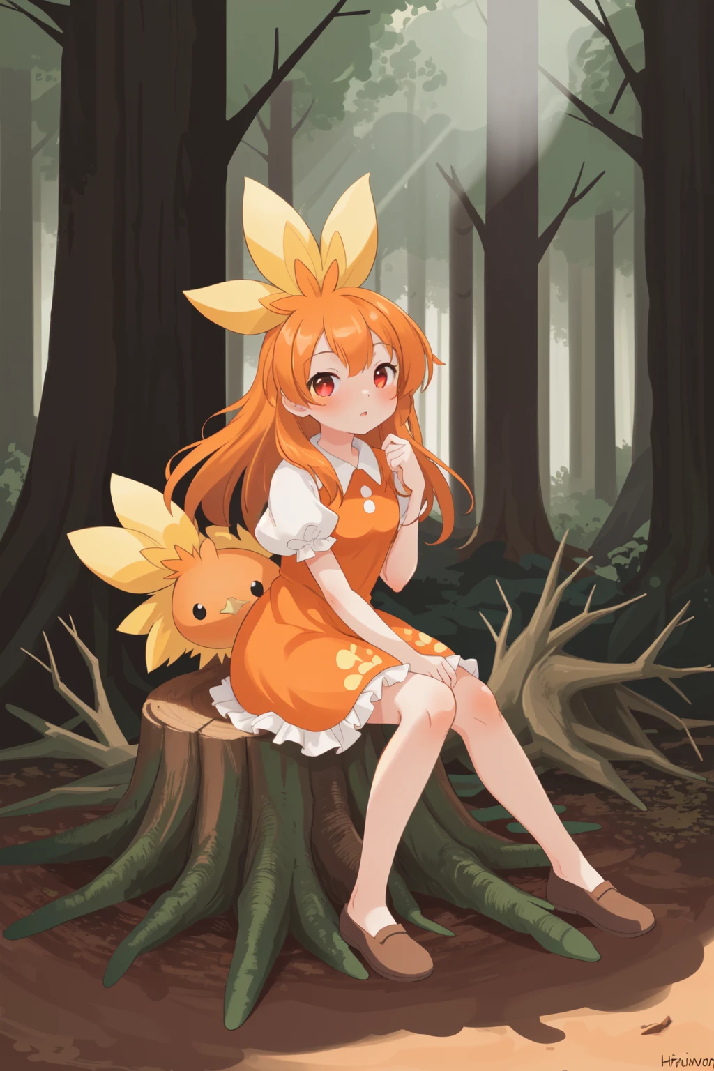 <lora:torchic v1:1> portrait, 1girl, long hair, orange hair, red eyes, frilly dress, torchic, sitting, tree stump, forest, dappled sunlight, hdr