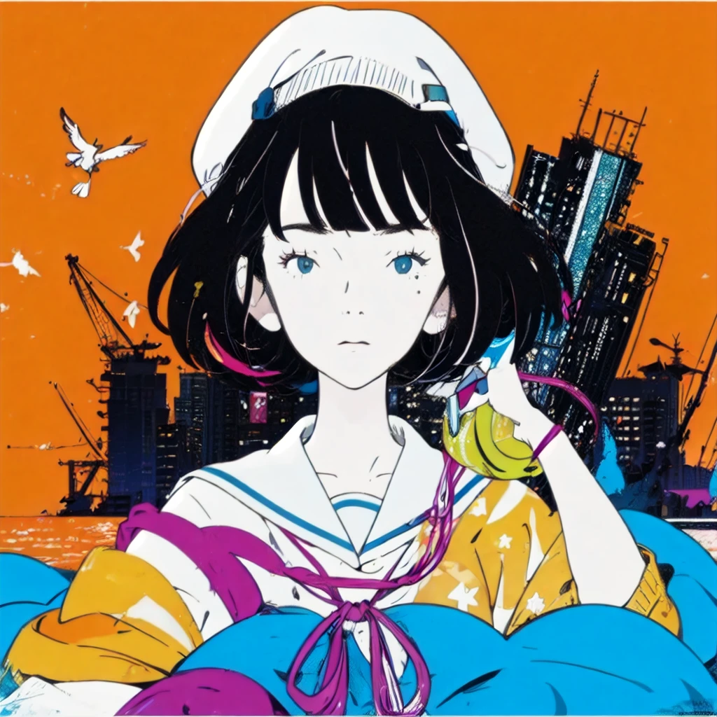 bird,solo,flower,fruit,apple,food,building,leaf,white flower,bangs,<lora:NakamuraV2:1>,(simple background:1.2),solo,(1girl:1.2),instrument,ahoge,crossed bangs,hair between eyes,(looking_at_viewer:1.2),akashi \(yojouhan\),black hair,<lora:Akashi_TatamiGalaxy-000004:1>,single more under right eye,short black hair,blue white stripe sailor dress,pink string ribbon,portrait,(black pupils:1.2),, masterpiece,best quality,highres,ultra high res,(abstract art:1.2),2d,(highlydetailed),(colorful),(intenseexpression),(fashionable),