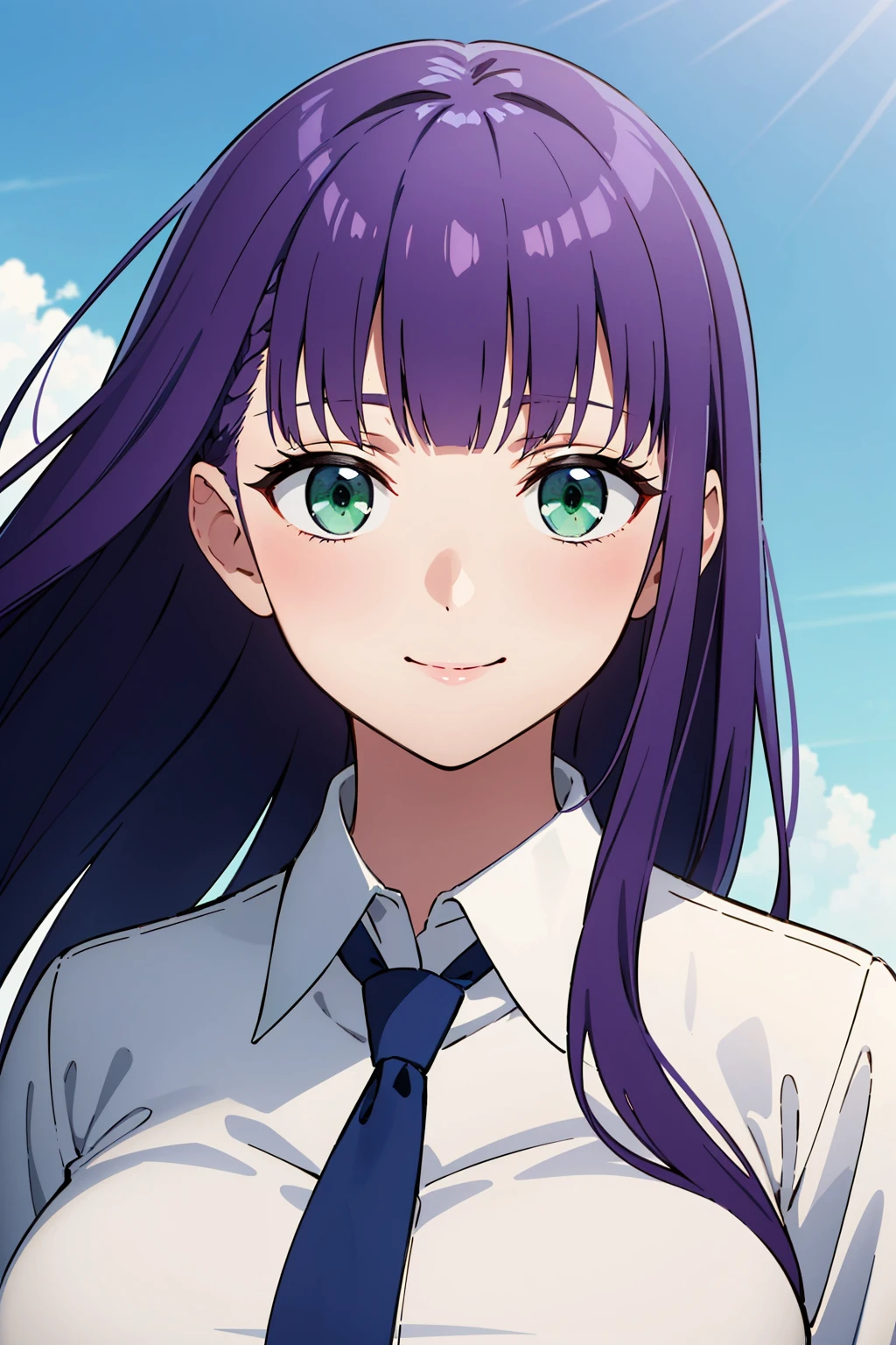 (masterpiece), best quality, expressive eyes, perfect face, solo,
long hair, blunt bangs, purple hair, green eyes, large breasts, tied shirt, collared shirt, white shirt, light smile, undersized clothes, necktie,
portrait, blue sky, wind,