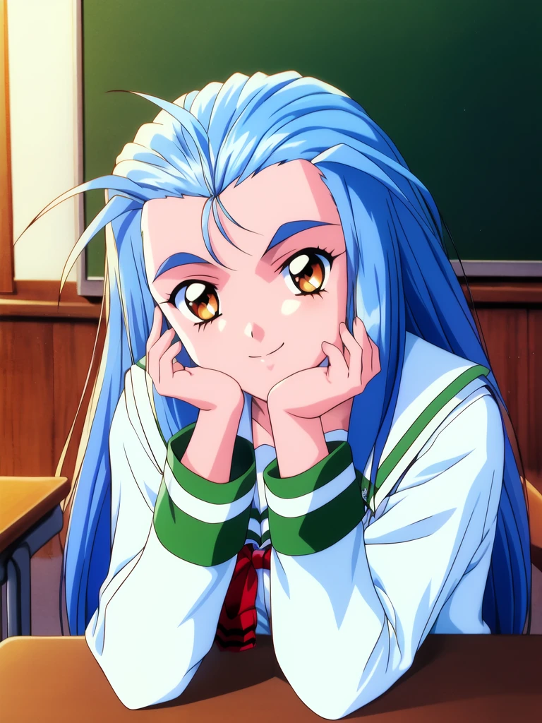 <lora:Minazuki_Kotoko:1> MinazukiKotoko, 1girl, solo, school uniform, blue hair, long hair, smile, brown eyes, 1990s (style), classroom, retro artstyle, long sleeves, looking at viewer, head rest, serafuku, cowboy Shot,
masterpiece, high quality, very_high_resolution, large_filesize, full color,
