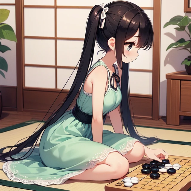 (((masterpiece))),  (((best quality))),  ((from side)),  ((go weiqi)),  (((putting down chess piece on large square chessboard table))),  mint lace dress,  hand on thighs,  tatami room,  backyard,  big tits,  ribbon,  twintails,  petite figure proportion,  shy,  blush,<lora:EMS-256052-EMS:1.000000>