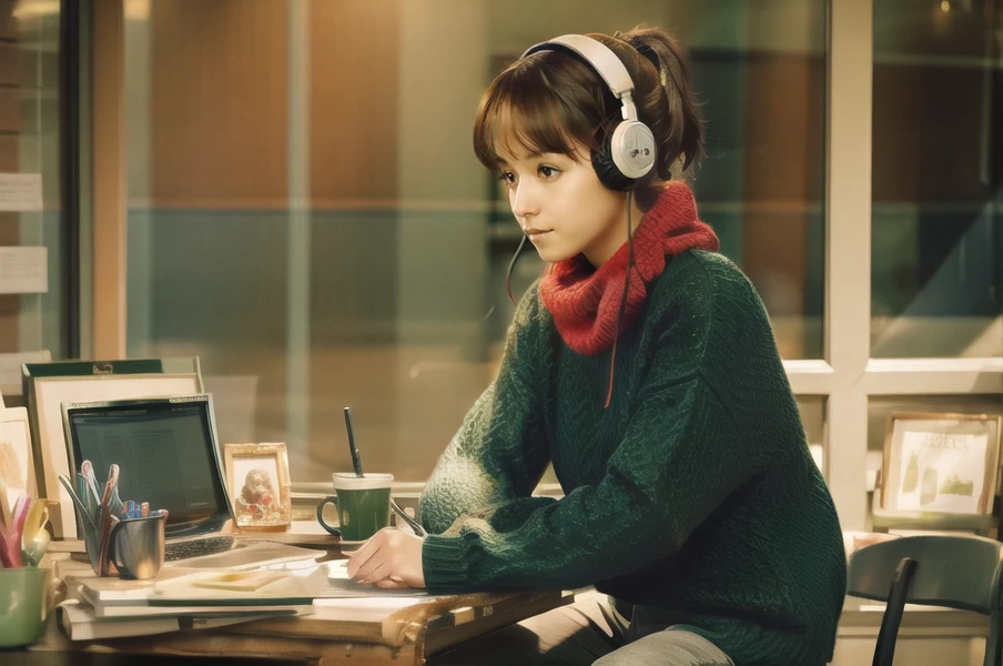 <lora:LofiGirlv2:.7>, 1girl, solo, brown_hair,ponytail,headphones,green sweater,blue pants,red scarf, outdoors,sitting, on a desk