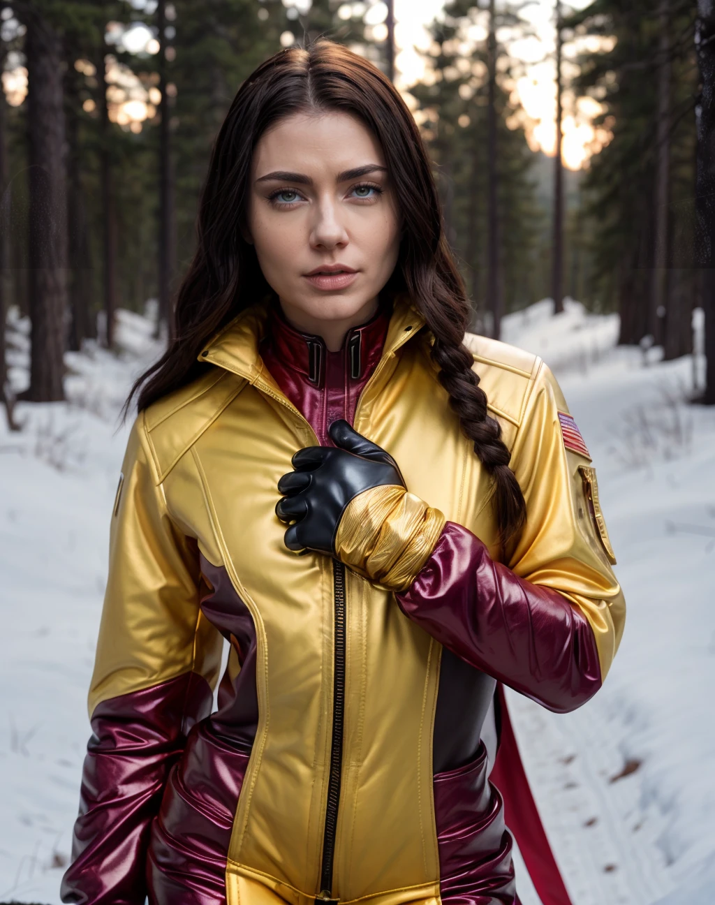 cinematic photo Marvel Cinematic Universe , raw, textured skin, realistic, style raw, <lora:quiron_AdriaRae_v1_lora:0.67> AdriaRaeQuiron woman Dressed in the (style of Psychedelic Engineer gilded outfit Vintage Ruby Flight suit with Driving gloves) (with Snow-covered Forest in the background ), Balancing, pretending to walk on a rainbow, . Superheroes, epic battles, colorful, highly detailed . 35mm photograph, film, bokeh, professional, 4k, highly detailed