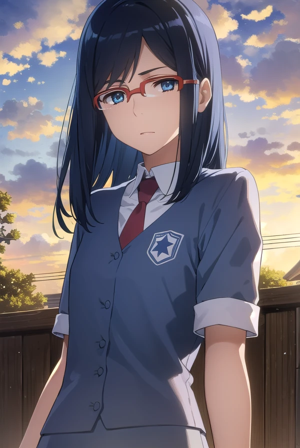 chirikotsurumi, <lora:chiriko tsurumi s1-lora-nochekaiser:1>,
chiriko tsurumi, long hair, blue eyes, blue hair, glasses, red-framed eyewear,
BREAK school uniform, necktie, watch, wristwatch,
BREAK outdoors, house, fields, grass, sky, sun, clouds,
BREAK looking at viewer, (cowboy shot:1.5),
BREAK <lyco:GoodHands-beta2:1>, (masterpiece:1.2), best quality, high resolution, unity 8k wallpaper, (illustration:0.8), (beautiful detailed eyes:1.6), extremely detailed face, perfect lighting, extremely detailed CG, (perfect hands, perfect anatomy),