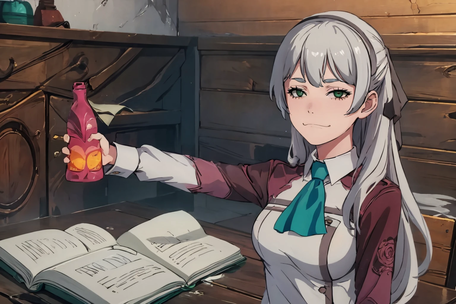 (masterpiece, best quality:1.2), upper body, solo, 1girl, elie macdowell, frierenthrilled, smug, holding bottle, outstretched arm, hair ribbon, green eyes, blue ascot, long sleeves <lora:Char_OC_ElieMacDowell:1> <lora:concept_frierenthrilled-16:1>