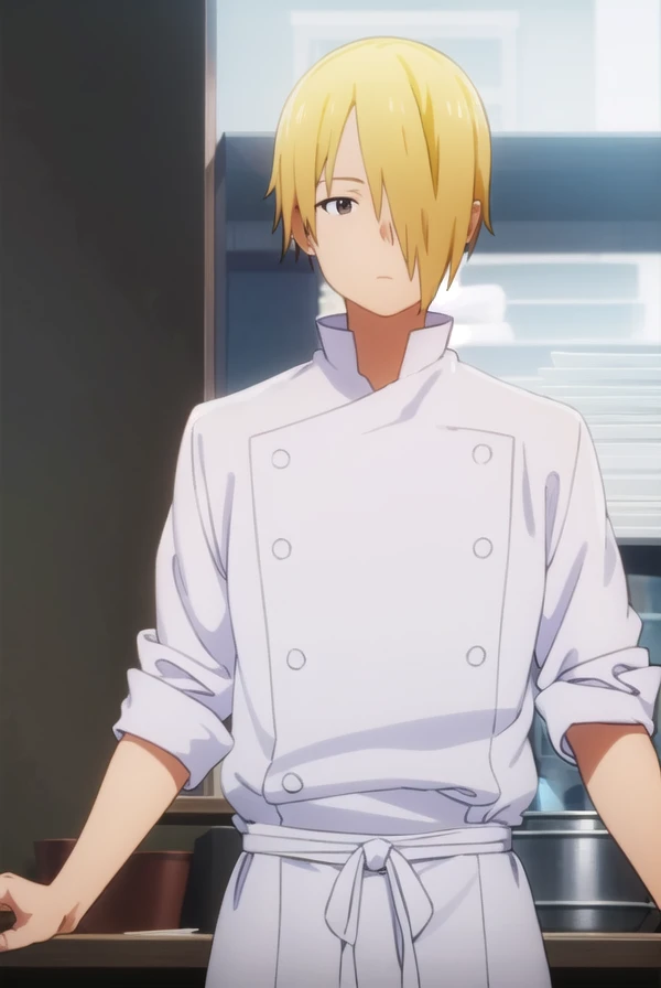 junsatou, <lora:jun satou s2-lora-nochekaiser:1>,
jun satou, blonde hair, male focus, (hair over one eye:1.5), (brown eyes:1.3),
BREAK apron, buttons, kitchen, chef,
BREAK indoors, restaurant,
BREAK looking at viewer, (cowboy shot:1.5),
BREAK <lyco:GoodHands-beta2:1>, (masterpiece:1.2), best quality, high resolution, unity 8k wallpaper, (illustration:0.8), (beautiful detailed eyes:1.6), extremely detailed face, perfect lighting, extremely detailed CG, (perfect hands, perfect anatomy),