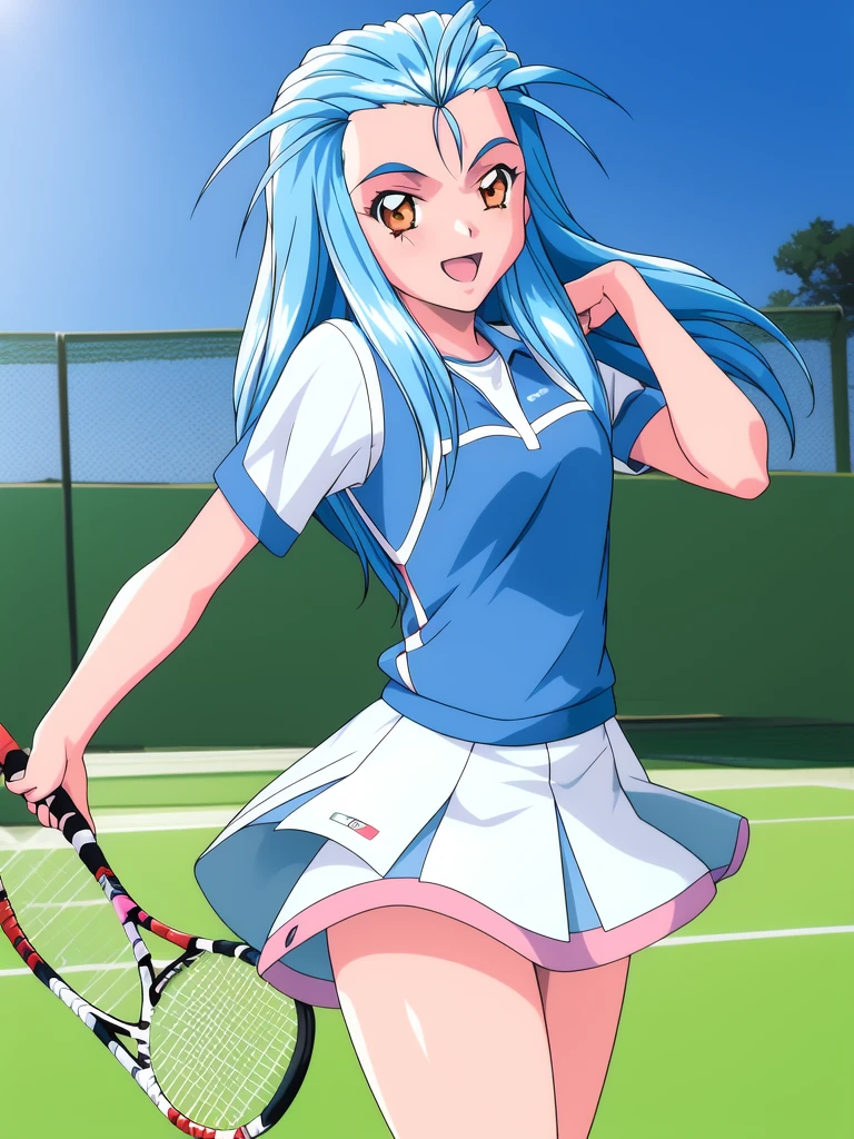 <lora:Minazuki_Kotoko:1>MinazukiKotoko, 1girl. soro, blue_hair, long_hair, orange_eyes,
plays tennis,laugh,thighs,
masterpiece, high quality, very_high_resolution, large_filesize, full color,
