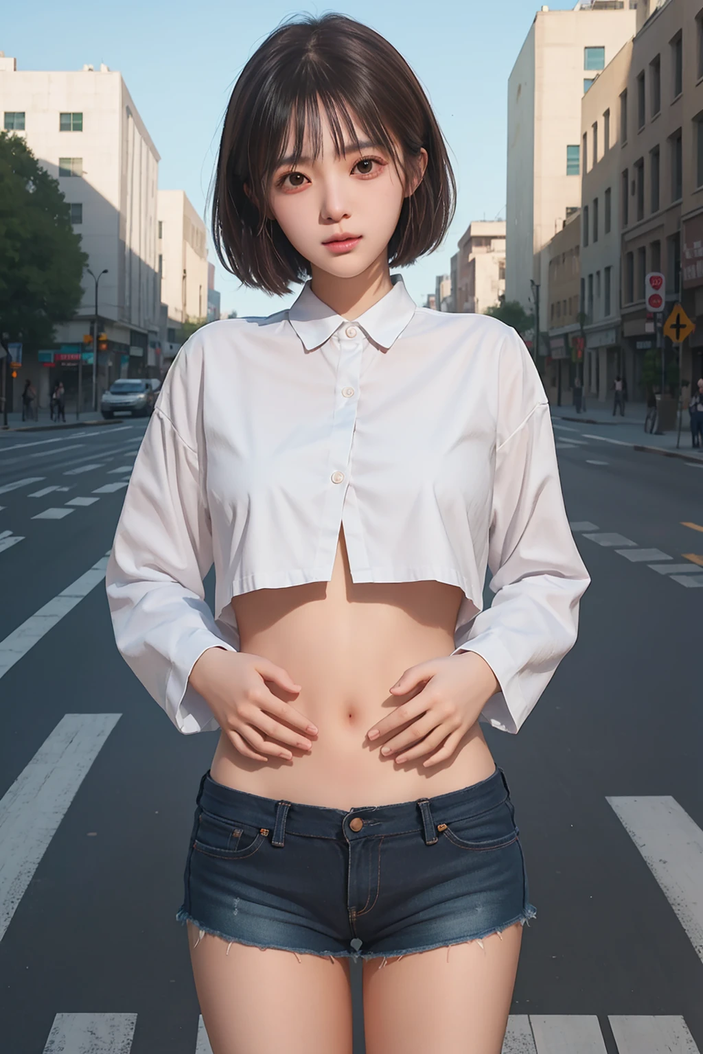 ((((ultra illustrated style:1.0)))),best quality,best animated,masterpiece,ray tracing, global illumination,head,hands on own stomach, 1girl, solo, standing, cowboy shot, building, looking at viewer, crosswalk,
<lora:hands on own stomach-000003:0.6> <lora:Hoshizaki Ao_07-000006:0.6>