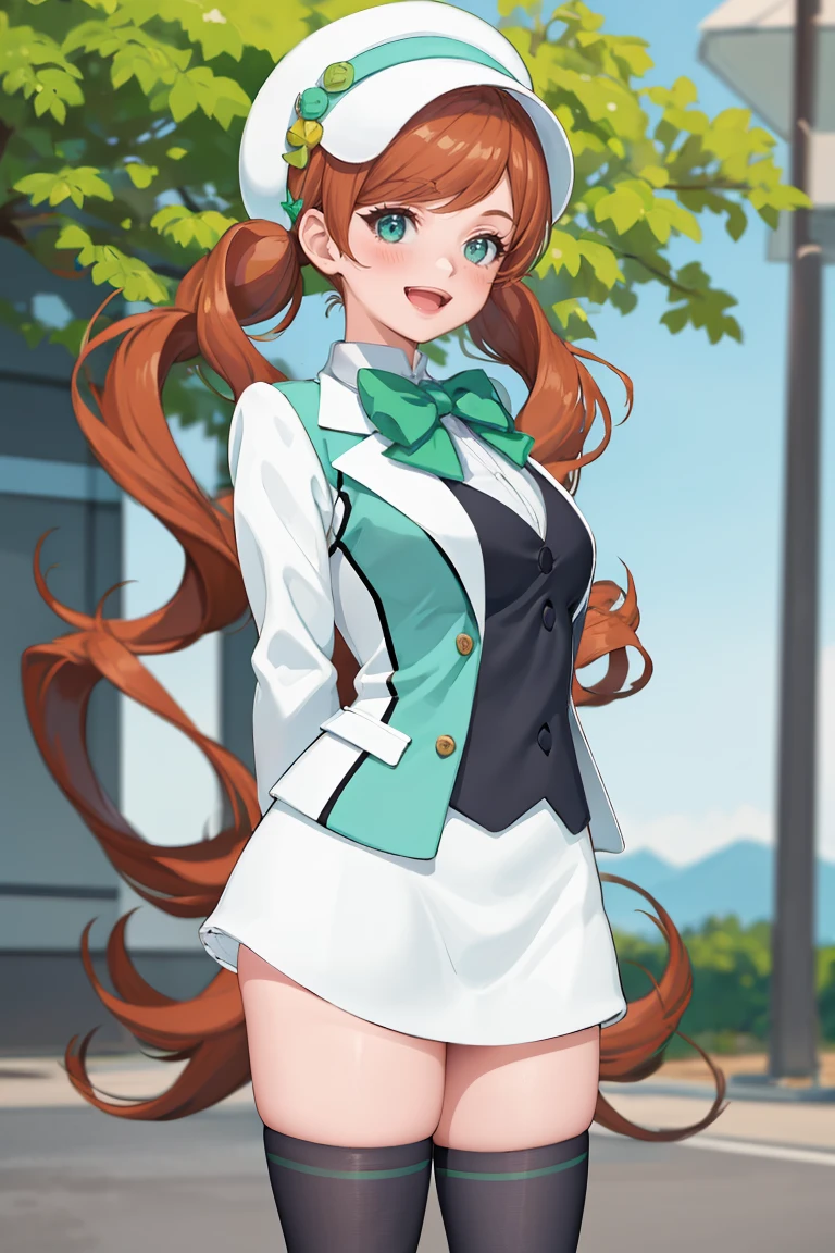 masterpiece, best quality, absurdres, LuluYurigasaki, long hair, twintails, white hat, green bowtie, black vest, jacket, white skirt, black thighhighs, white boots, arms behind back, smile, blush, :d, outdoors, <lora:LuluYurigasaki:1>