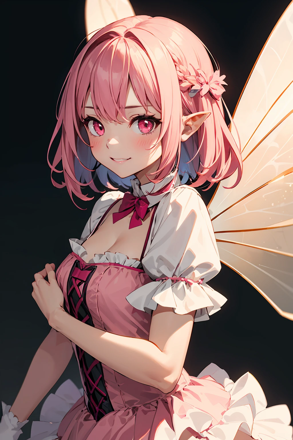 1 girl, pink hair, portrait, cowboy shot, Fairy wings, symmetrical wings, Ambient lighting, Pink fairy outfit, pose, pink eyes, slight grin, shy,(blush:0.75)