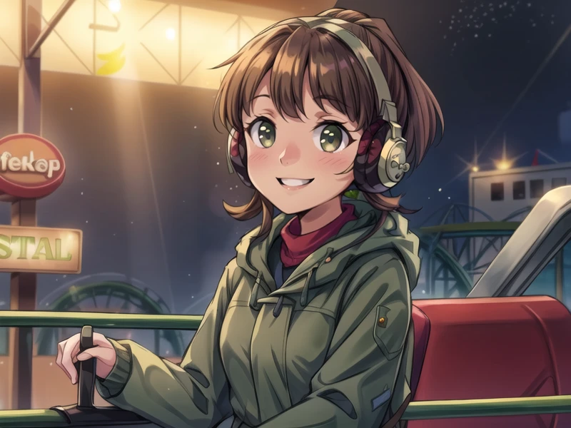 <lora:LofiGirlv2:.7>, 1girl, solo,brown_hair,ponytail,headphones, green coat,smile, blush, in roller coaster,amusement park, volumetric light ,<lora:add_detail:1>