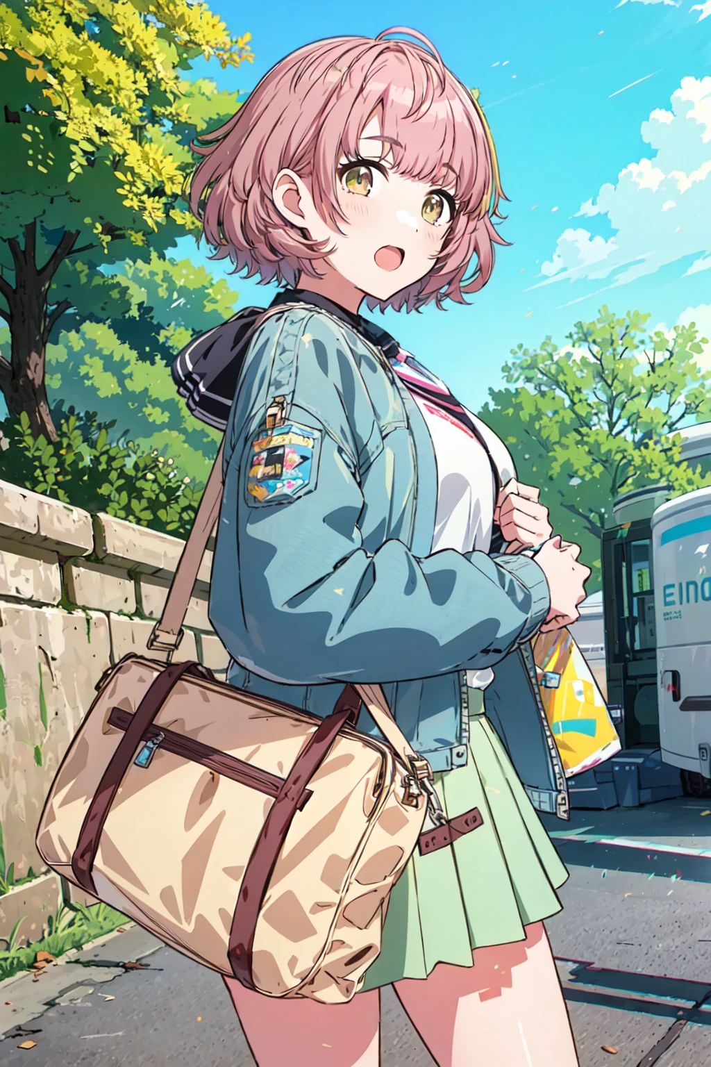 h_ikuta, 1girl, short hair, pink hair, brown hair, yellow eyes, skirt, virtual youtuber, looking at viewer, outdoor, open mouth, pleated skirt, bangs, denim jacket, blush, white skirt, cowboy shot, bag, holding bag <lora:h_ikuta:1>