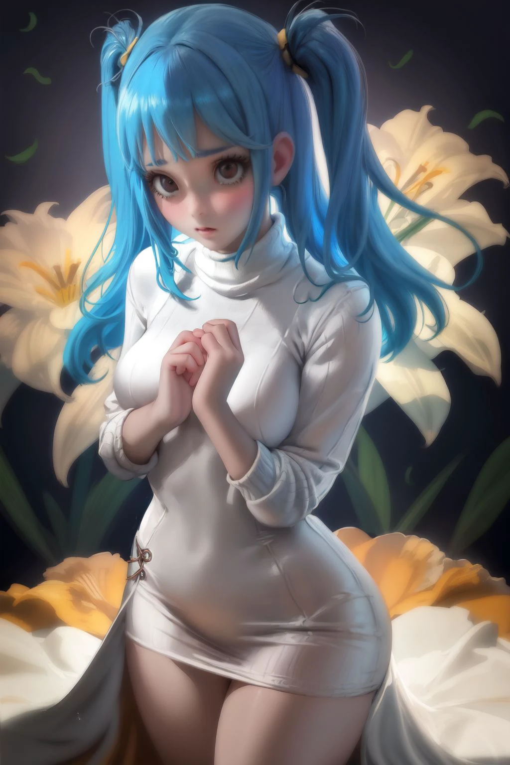 cowboy shot, solo, 1girl, ashamed, aqua hair, one side up, dark brown eyes, beige turtleneck, Lily_of_the_Nile \(flower\), floral background <lora:Sakimichan_style_v01:1>