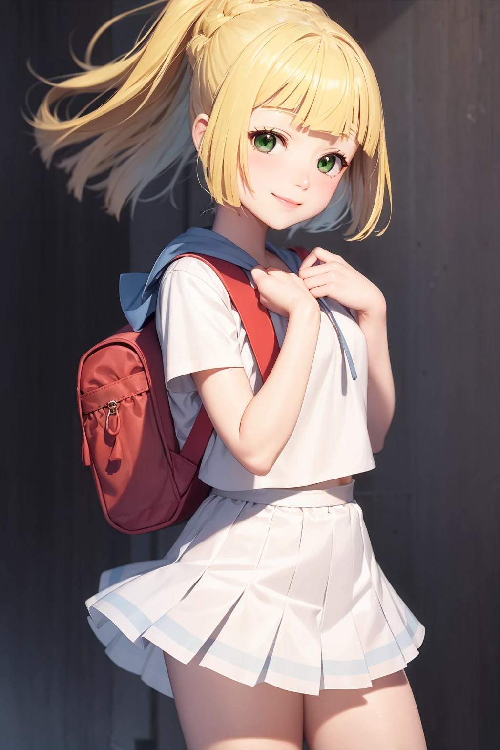 masterpiece, best quality, <lora:lillie:1>,
lillie \(pokemon\), 1girl,blonde hair, braid,ponytail,blunt bangs,green eyes,short sleeves, white shirt,white skirt, pleated skirt, miniskirt,
backpack,bag,
grey background, cowboy shot, smile,
