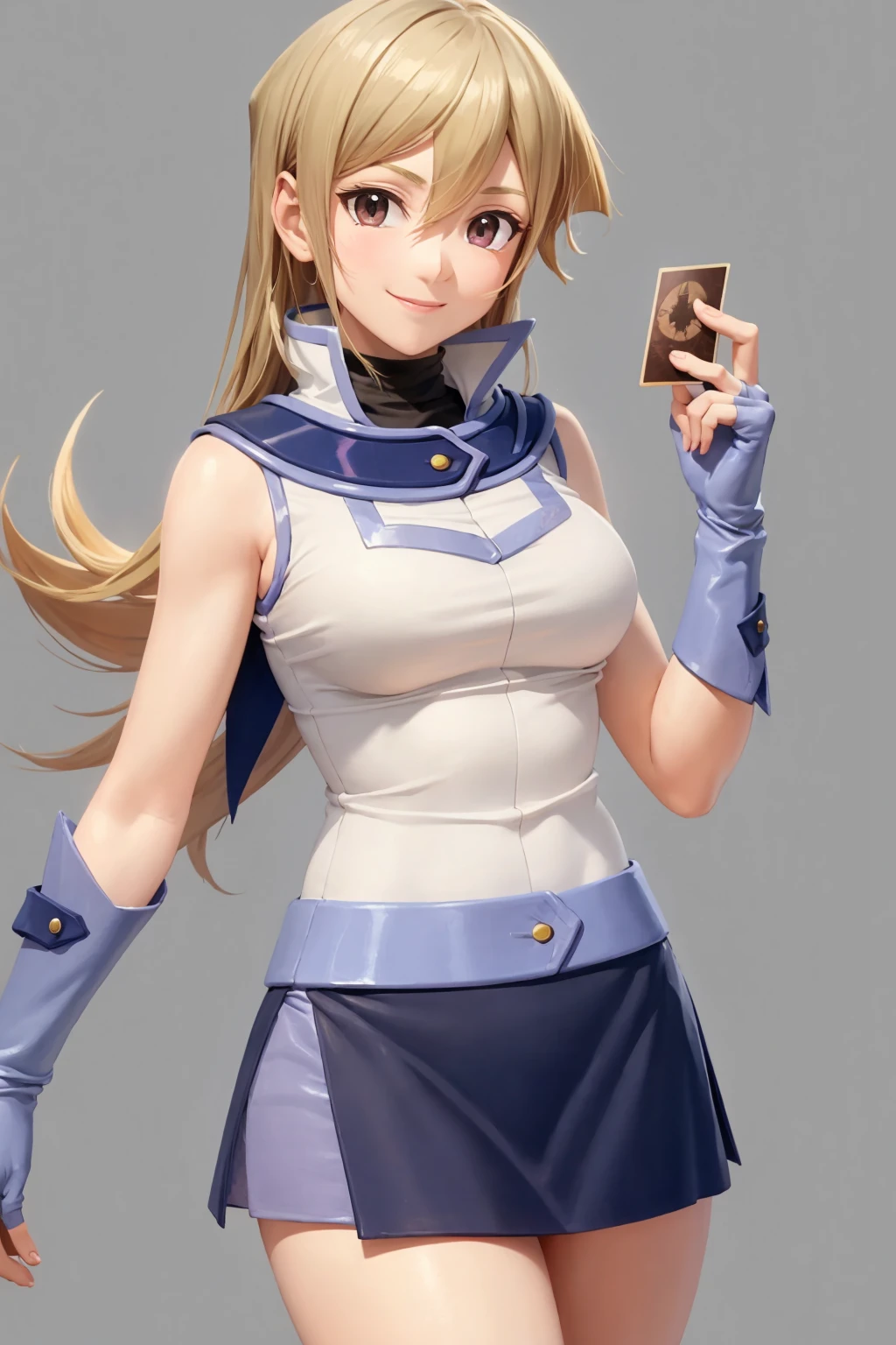 masterpiece, best quality,  <lora:AlexisRhodes-v2:1>,
tenjouin asuka,duel academy uniform (yu-gi-oh! gx),
 1girl, blonde hair,very long hair,brown eyes,fingerless gloves,turtleneck, sleeveless shirt,white shirt,blue skirt,miniskirt, 
cowboy shot, grey background, smile,
holding card,
