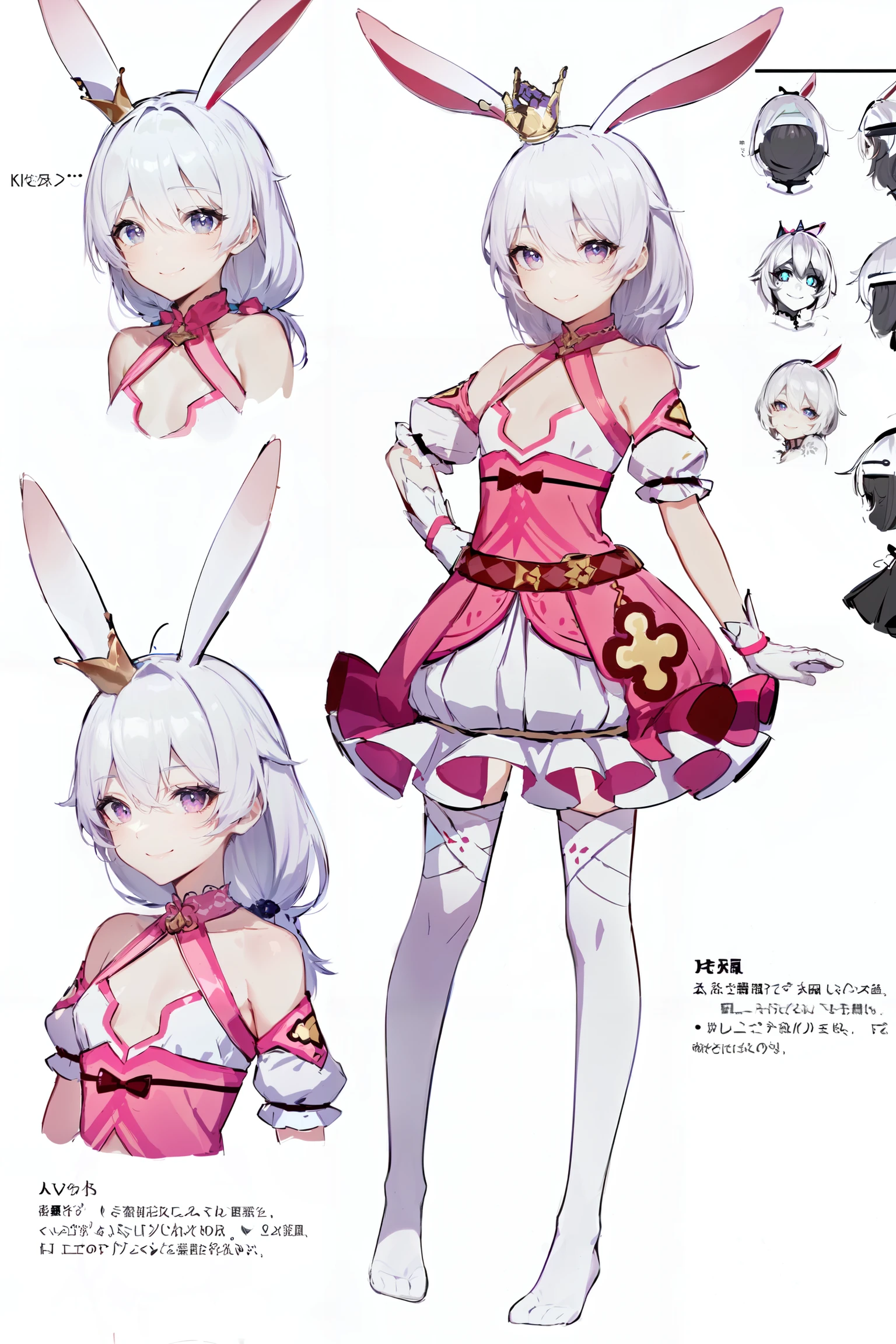 multiple views, pencil sketch, (sketch:1.25), (,small breasts,), ((no shoes)), shy, best quality, graphite \\(medium\\), ske, gradient, rainbow, note, Line draft, highres, absurdres, (ultra-detailed:1.1), (illustration:1.1), (infographic:1.2), pajamas, (all clothes configuration:1.15), (solo), perfectly drawn hands, standing, cohesive background, paper, action, (character design:1.1),
<lora:trr-v100:0.8:lbw=OUTALL>, trr, rabbit ears, pendant, 1girl, pink eyes, crown, theresa apocalypse, animal ears, gloves, bangs, white gloves, side ponytail, thighhighs, bare shoulders, white hair, pink dress, hair between eyes, little girlars old,