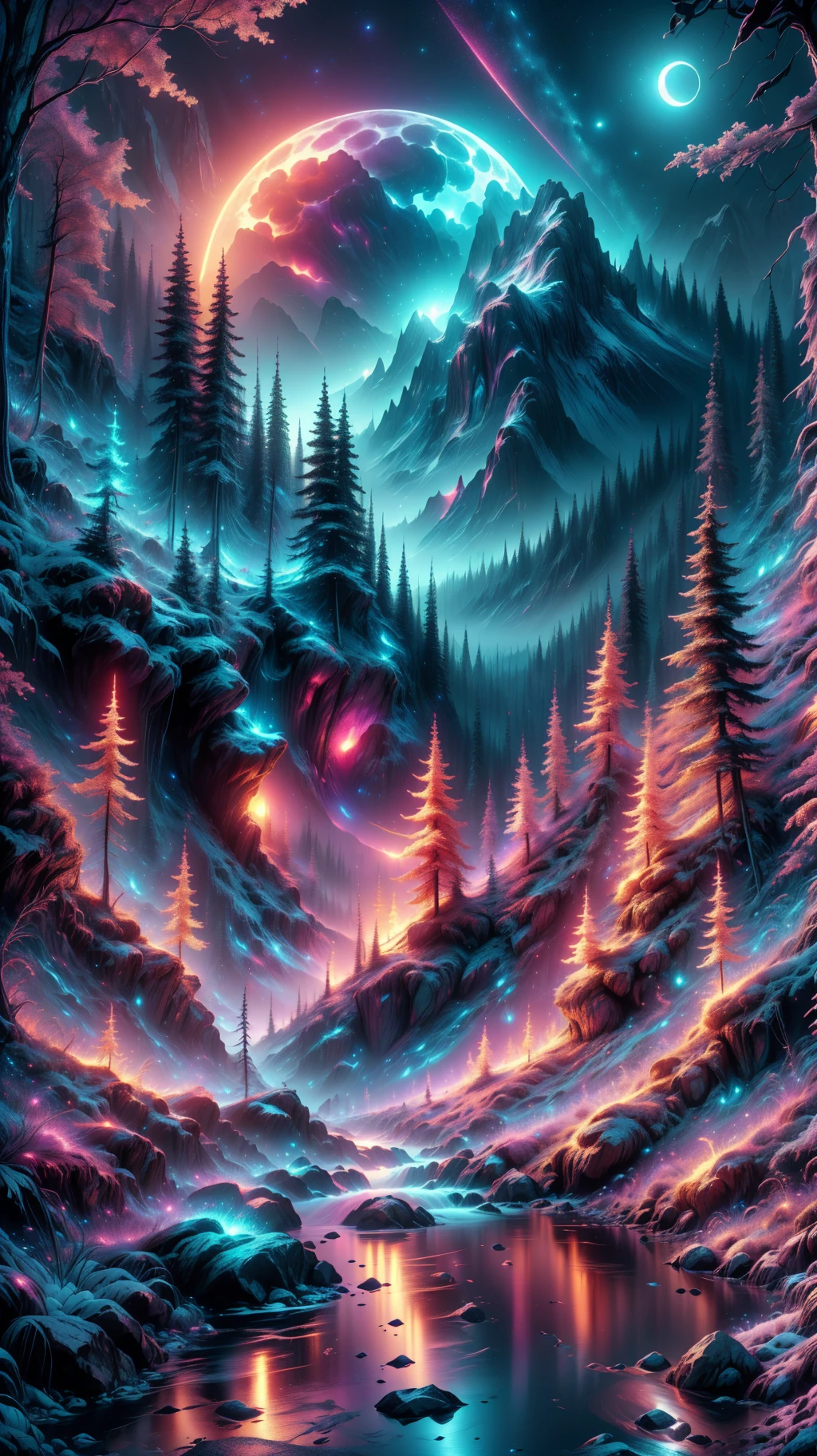 A beautiful night mountainside forest landscape photo, mysterious glowing colors, extremely detailed, bright moonlight, vivid colors, high quality, best quality, award winning, high contrast, cinematic lighting, (masterpiece),