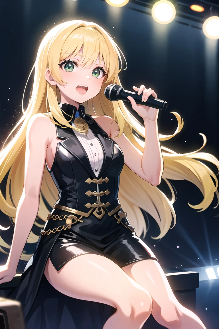 idol, blonde, long_hair, dark green eyes, sing, microphone