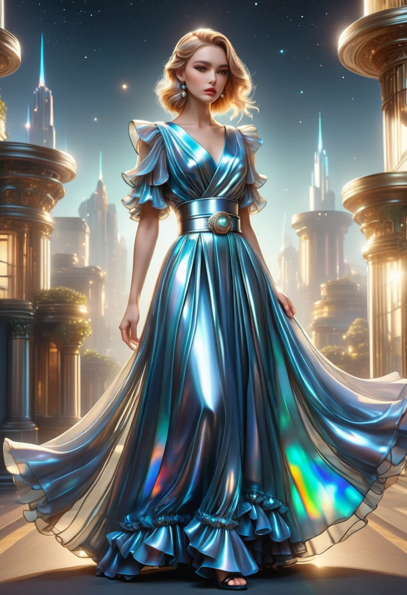 hyper detailed masterpiece, dynamic, awesome quality, DonMSt33lM4g1cXL draped full body clothing, holo-chiffon chiffon, cuffed sleeves, maxi length, high waist, a-line skirt, open back,,belt loops,,coin pockets,,ruffle details,,pockets <lora:DonMSt33lM4g1cXL-v1.1-000008:1>