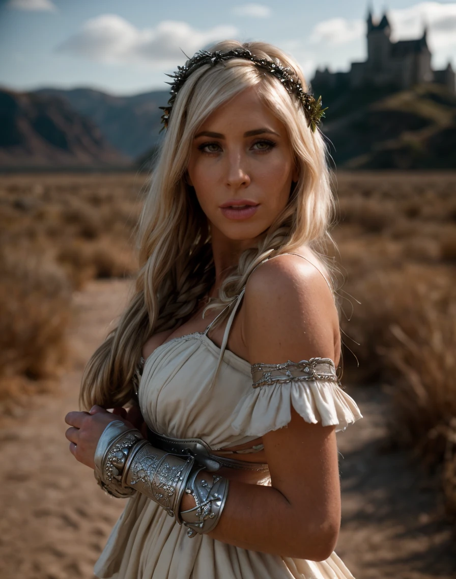 Tangled cinematic film still , realistic, style raw, <lora:quiron_TashaReign_v1_lora:0.87> TashaReignQuiron woman, Dressed in the (style of Surreal Blacksmith tattered outfit Stylish Cream Modern toga-inspired dress) (with Icebound Castle in the background ), Posing as if about to throw a dart, . shallow depth of field, vignette, highly detailed, high budget Hollywood movie, bokeh, cinemascope, moody, epic, gorgeous, film grain, grainy . Animated, fairytale, magic hair, highly detailed