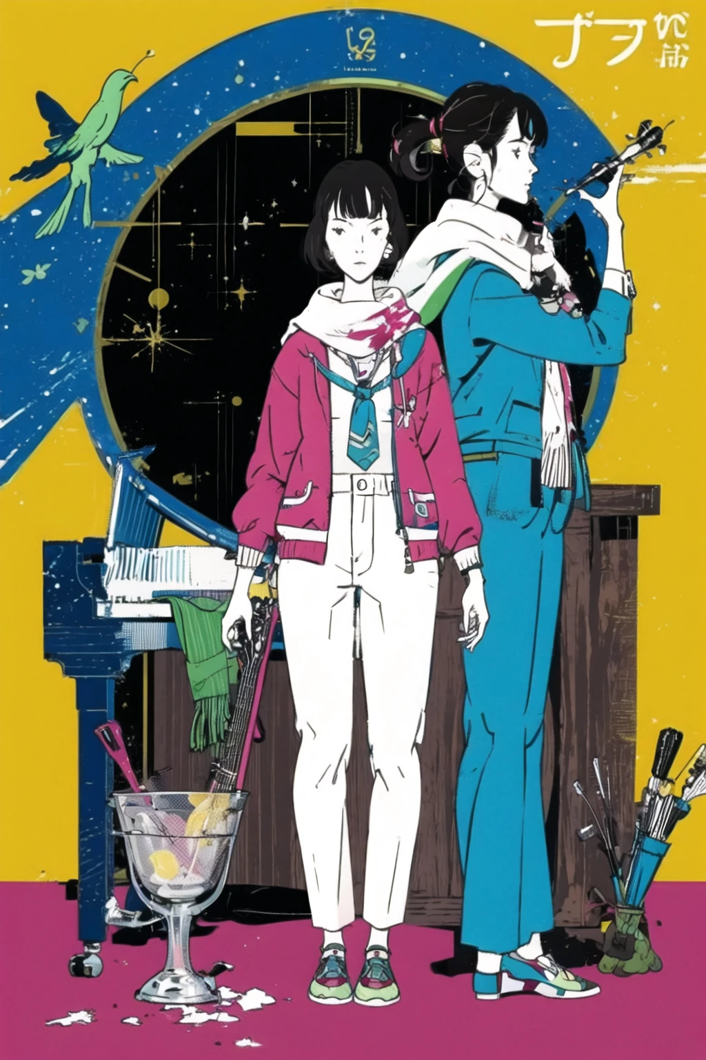 pants,shoes,multiple girls,jacket,white ascot,ascot,shirt,necktie,multiple boys,bangs,fruit,magatama,jewelry,long sleeves,food,brown hair,spiked hair,standing,pointing,apple,closed mouth,sidelocks,formal,suit,open clothes,long hair,earrings,outstretched arm,forehead,whip,book,sun,bug,sparkle,black eyes,open book,green jacket,red jacket,rope,clock,scarf,full body,necklace,gem,smile,arm up,happy,hand up,magatama necklace,open jacket,red background,guitar,piano,mole,butterfly,building,bird,crescent,<lora:NakamuraV2:1>,(simple background:1.2),(looking_at_viewer:1.2),front view,full_shot,<lora:Akashi_TatamiGalaxy-000004:1>,single more under right eye,short black hair,, masterpiece,best quality,highres,ultra high res,(abstract art:1.2),2d,(highlydetailed),(colorful),(intenseexpression),(fashionable),