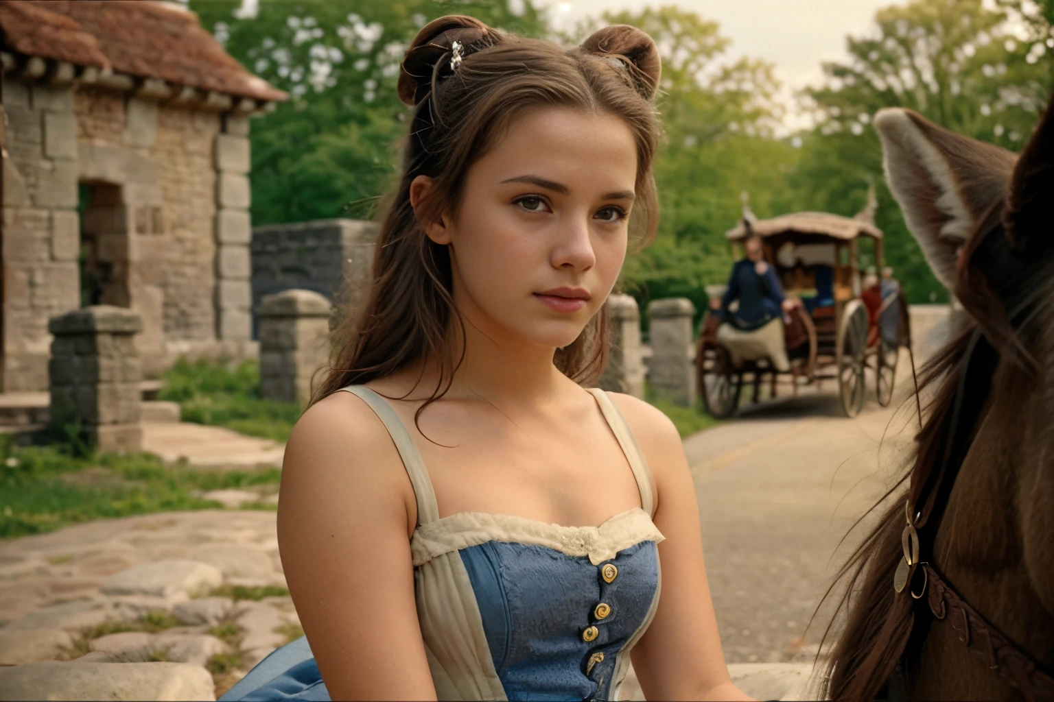 cinematic film still close-up photo of photograph of a 18 year old girl,  teen, 1girl, (belle-bb:1.1) ,in a small village sitting on a Clydesdale horse, yellow dress,single hair bun <lora:belle-bb-v1.0:1>. Detailed, intimate, clear, personal . shallow depth of field, vignette, highly detailed, high budget Hollywood movie, bokeh, cinemascope, moody, epic, gorgeous, film grain, grainy