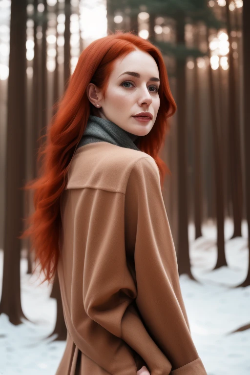 a woman with red hair standing in a snowy forest with trees in the background and a light brown coat on