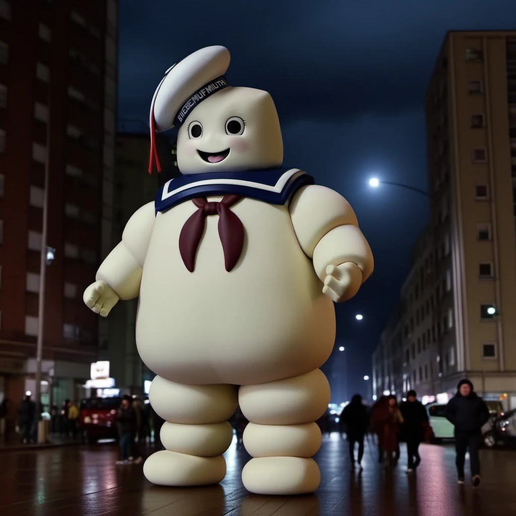 BibendumChamallow1024, a giant with a sailor hat, full body, walks in a city, night , rain , highly detailed, attack on titan, photography, ultra sharp, film, professional, 64k <lora:BibendumChamallow1024:0.8>