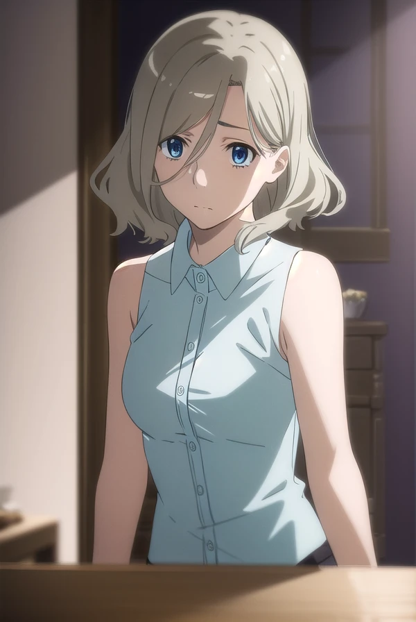 irenehonma, <lora:irene honma s1-lora-nochekaiser:1>,
irene honma, short hair, blue eyes, grey hair,
BREAK shirt, bare shoulders, sleeveless, sleeveless shirt,
BREAK indoors,
BREAK looking at viewer, (cowboy shot:1.5),
BREAK <lyco:GoodHands-beta2:1>, (masterpiece:1.2), best quality, high resolution, unity 8k wallpaper, (illustration:0.8), (beautiful detailed eyes:1.6), extremely detailed face, perfect lighting, extremely detailed CG, (perfect hands, perfect anatomy),