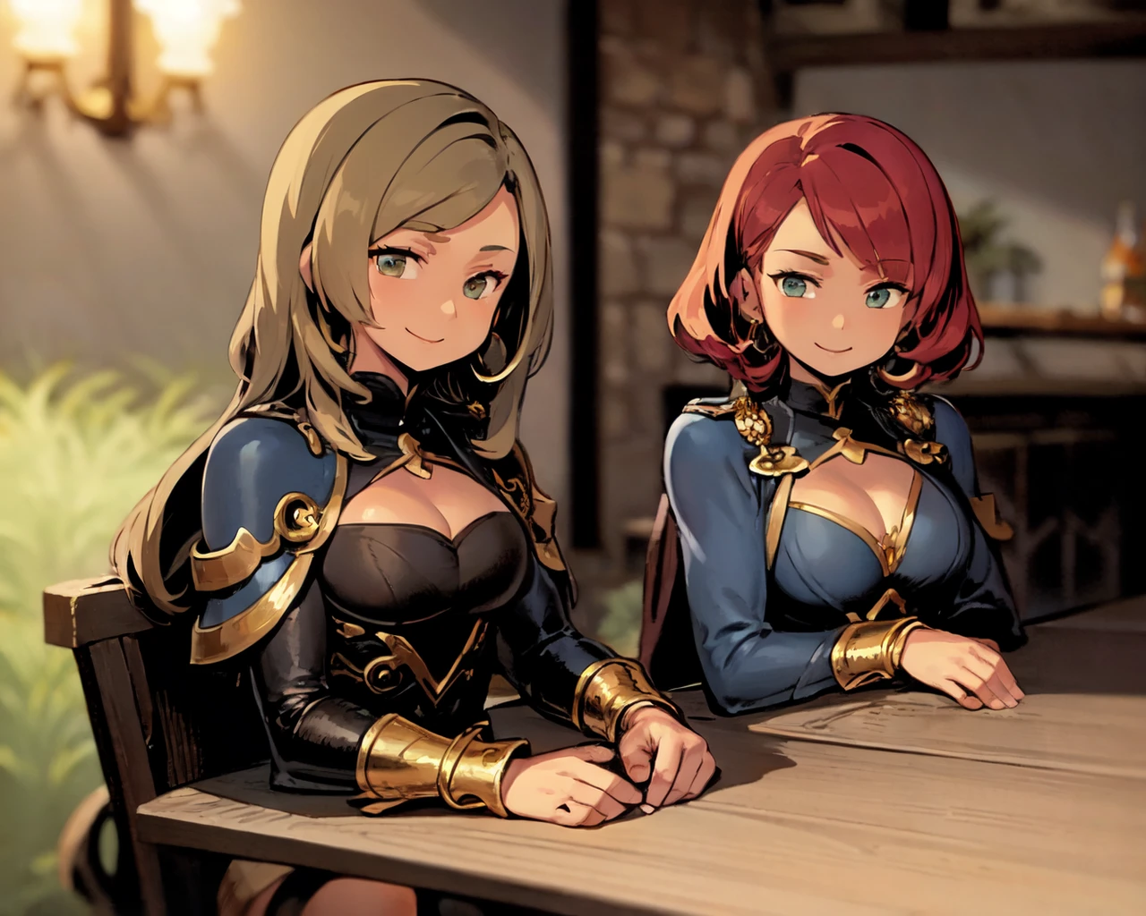 <lora:Himukai_yuuji-NAI-LyCORIS-v2:0.9>
two smiling female paladins sitting in a tavern