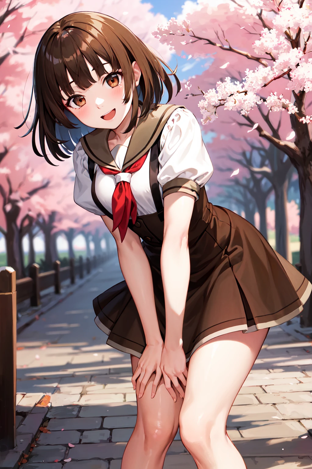 masterpiece, best quality, highres, aanadeko, short hair, brown hair, blunt bangs, brown eyes, school uniform, sailor collar, red neckerchief, short sleeves, suspenders, brown skirt, <lora:sengoku_nadeko_v1:0.8>, standing, cowboy shot, leaning forward, arm on knee, smile, open mouth, cherry blossoms, outdoors