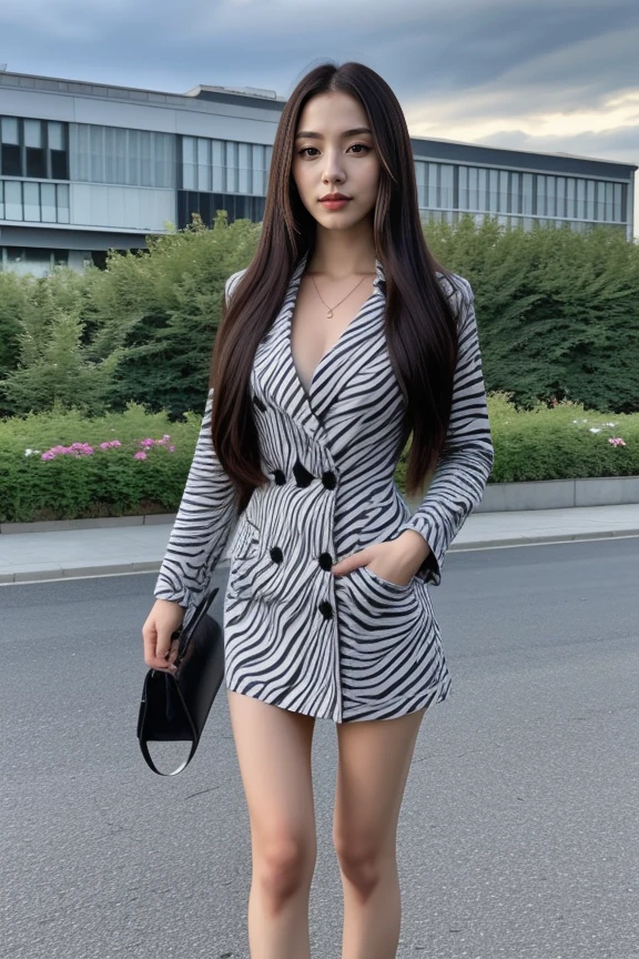 1woman, long hair, realistic, masterpiece, high detailed skin, looking at viewer, outdoor view, solo, full body shot
<lora:Zebra_Jacket_Dress_By_Stable_Yogi:1>zebra print, jacket, short dress, button