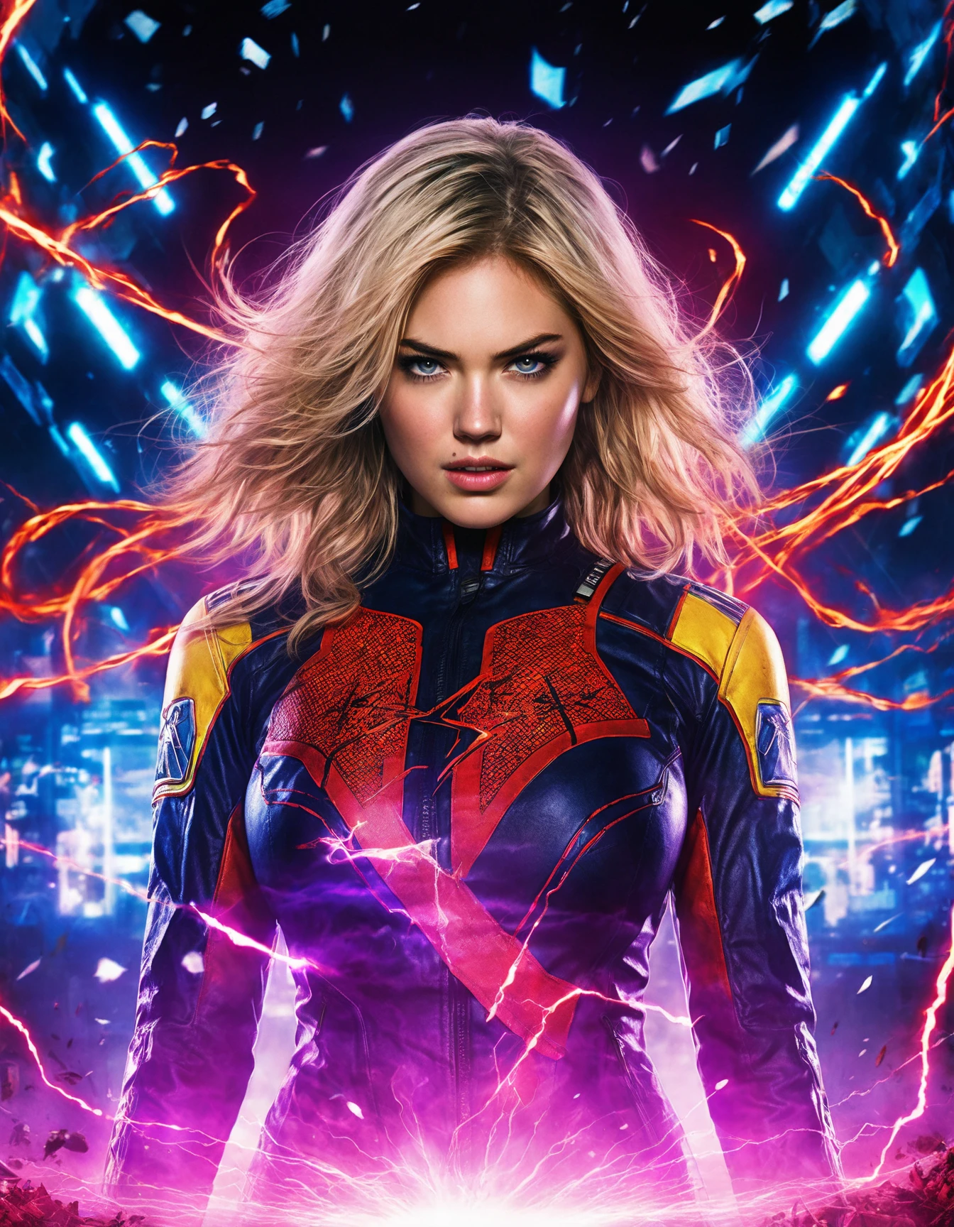 cinematic photo Dramatic Lighting Photography, comic book cover with ((ohwx woman)) ,anime style, key visual, vibrant, studio anime, highly detailed, digital artwork, illustrative, painterly, matte painting, highly detailed, cinematic composition, <lora:kateupton_dh128_lora_v2b:1.1> . 35mm photograph, film, bokeh, professional, 4k, highly detailed