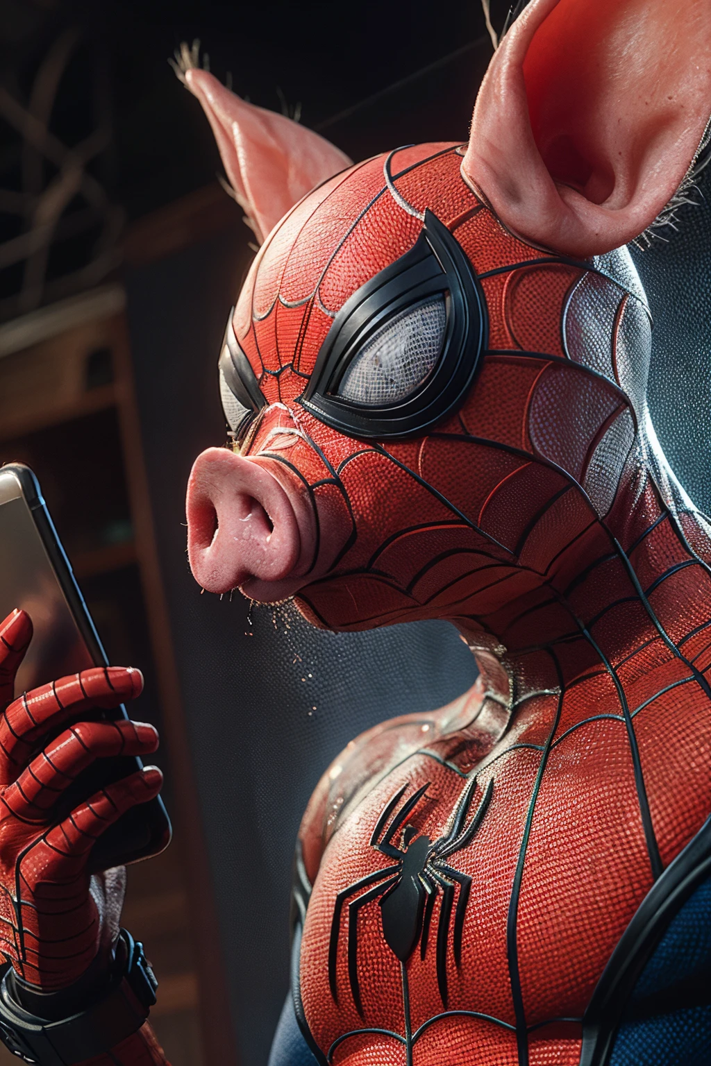 highres, 8k, absurdres, realistic, iphone, hotel room, lying on bed, on bed, playing phone,
(Spider_Pig:1.3), 1boy, male focus, spider web print, phone, silk, solo, spider web, cellphone, holding, bodysuit, blurry, red bodysuit, blurry background, holding phone, mask, upper body, smartphone, superhero
<lora:Spider_Pig-000008:0.5>