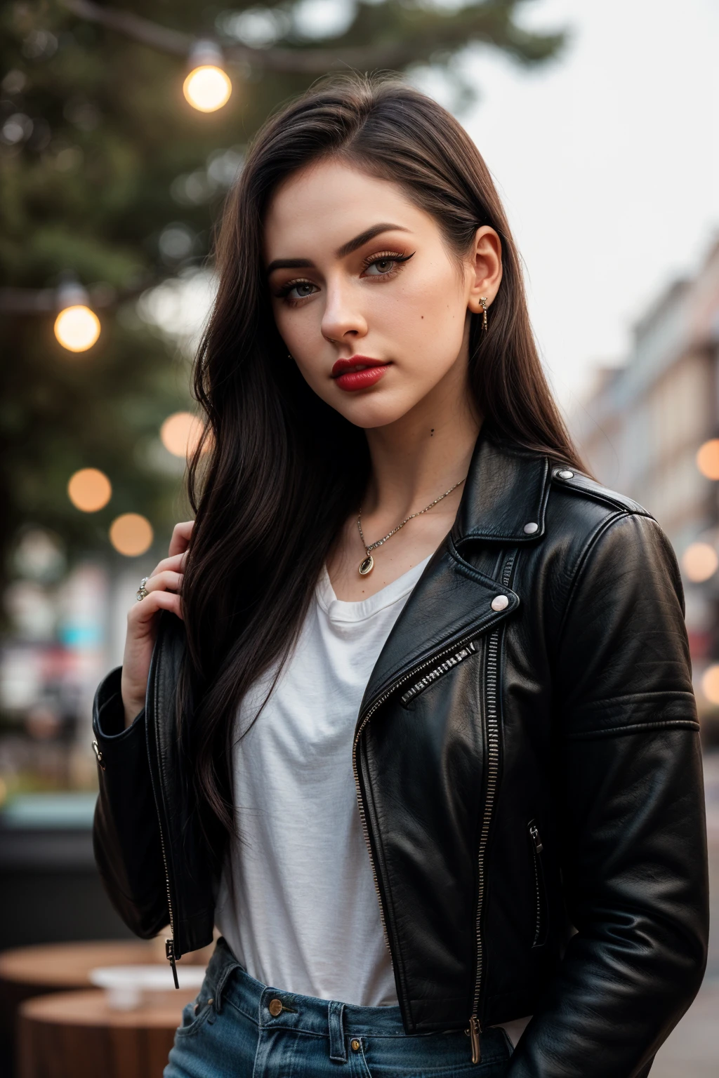 photo of (m1ssb0tez:0.99), closeup portrait, perfect hair, (modern photo, Hair Brown tight top), 24mm, (analog, cinematic, film grain:1.3), (night sky, gritty:1.1), detailed eyes, (seductive pose), (epicPhoto), upper body, (looking at viewer), earrings, (eyeliner, eyelashes), (tattoos:1.1)