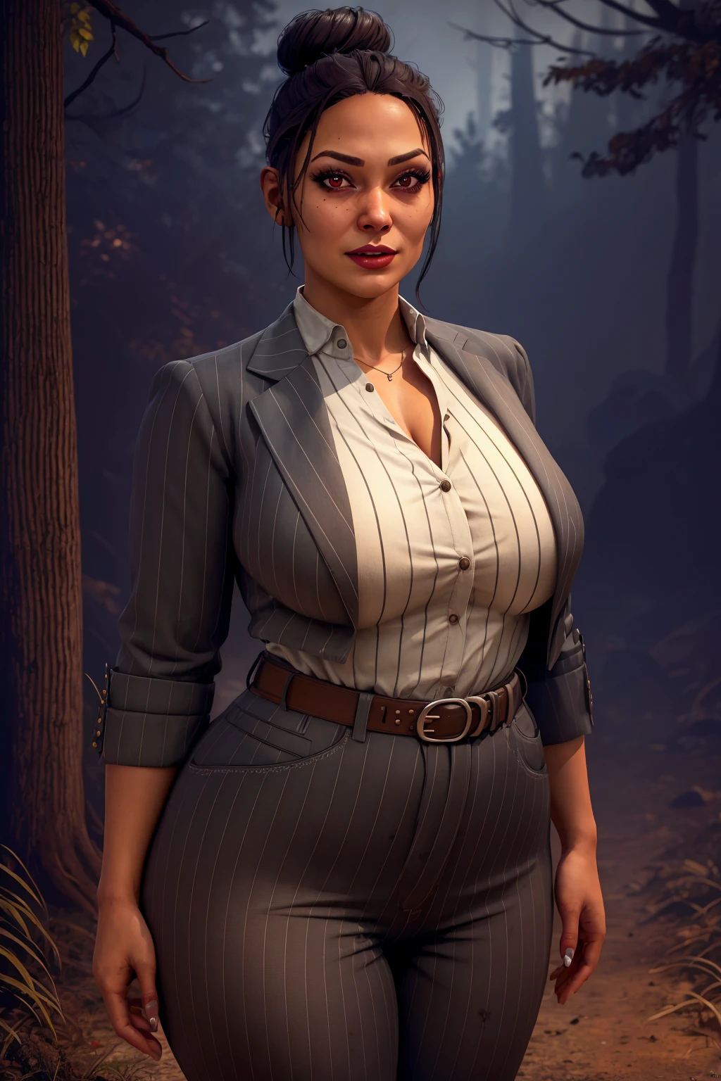 realistic, (masterpiece), best quality, photorealistic,
1girl, janerodbd, glowing eyes, black eyes, lips, dirty face, dirty clothes, latina,
pinstripe jacket, pinstripe pants, shirt, high-waist pants, belt,
black hair, single hair bun,
cowboy shot,
simple background, creepy forest, myst, night sky, night,
looking at viewer, confident, flustered, naughty face,
perfect lighting,
curvy,
wide hips,
(large breasts:1.3),
<lora:janerodbd_v19-000006:0.9>