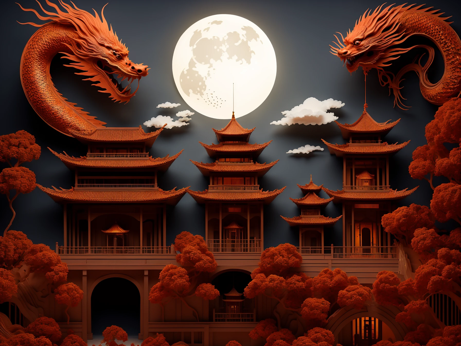 guchen,(dragon:1.2),(eastern dragon:1.3),(red theme:1.2),(tree:1.1),lantern,horns,(cloud:1.2),leaf,scenery,pagoda,(building:0.8),(orange:1.1),<lora:longhexinchun-000010:0.6>,full_moon,