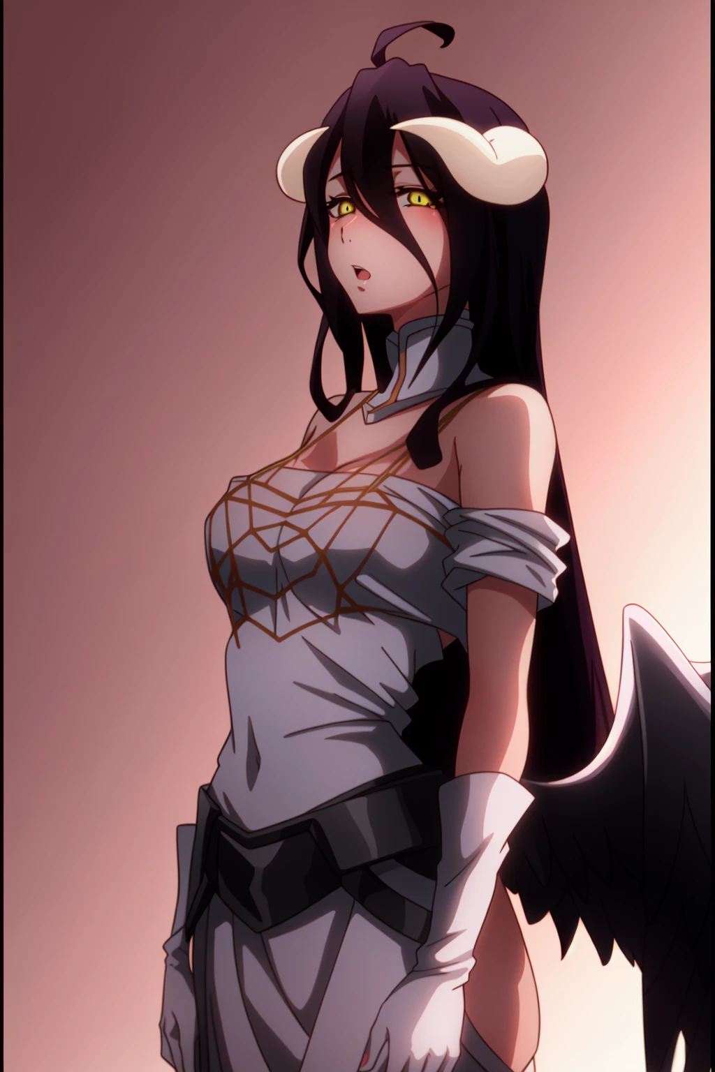 (masterpiece),(best quality),(ultra-detailed),(best illustration),(best shadow),(absurdres),(detailed background), <lora:OGT_Albedo-v1:0.9> Albedo, 1girl, albedo (overlord), solo, horns, long hair, black hair, gloves, yellow eyes, dress, demon girl, ahoge, white gloves, wings, open mouth, bare shoulders, demon horns, white dress, hair between eyes, parody, black wings, very long hair, breasts, low wings