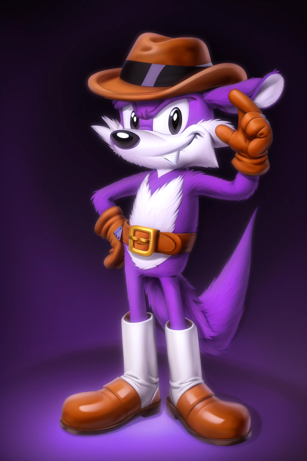 <lora:fang_the_hunter-09:1>, fan the hunter, male, purple fur, black eyes, (tail:1.2), (pose:1.3), (posing:1.3), (soft shading), 4k, hi res, ((detailed face, (detailed eyes:1.0), detailed)), (full body), (cartoon style, toony), hat, gloves, smile, looking at viewer, brown hat, boots, grin,