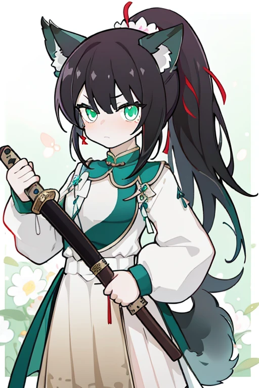 xialuling,1girl,animal ears,weapon,solo,sword,tail,unsheathing,sheath,long hair,green eyes,ponytail,shaded face,looking at viewer,wolf ears,holding,holding weapon,holding sword,wolf tail,holding sheath,hair ornament,long sleeves,flower,black hair,katana,<lora:xialuling_lion-0000010:0.8>,